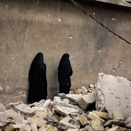 Women walk along rubble in Al Arasa, located on the outskirts of the know al Qaeda stronghold of Muqdadiyah, Diyala province, Iraq on Oct. 6, 2007. U.S. soldiers call Muqdadiyah 'little Falluja'.  As escalating violence in Iraq continues, U.S. President George W. Bush sent thousands of additional troops to Iraq in 2007 in order to strengthen security. Countless searches were performed by the U.S.-led Coalition in al-Qaeda and insurgent strongholds as the conflict between Shia and Sunni Muslims continues.