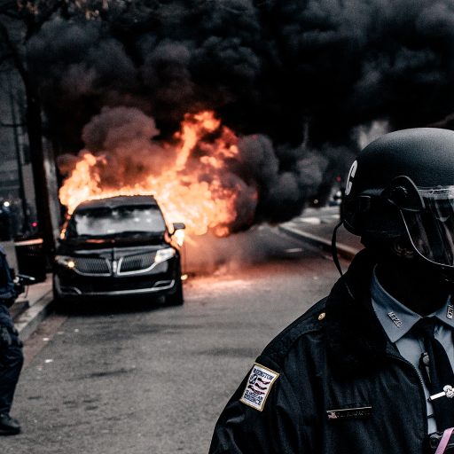 Washington, DC - January 20, 2017: District police officers are seen clearing a crowd that surrounding a limo that was lit on fire during a violent protest following the inauguration ceremony of Donald J. Trump, the 45th president of the United States. Photo: Christopher Lee.