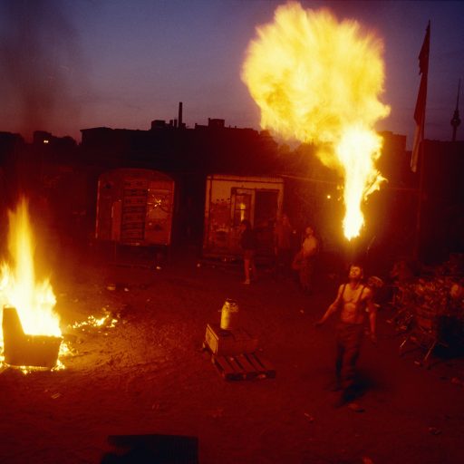 Residents burn a sofa at a gypsy-like trailer camp in the Kreuzberg district of Berlin, Germany, Jan., 1993. The trailer camp is home to a wide variety of people with alternative lifestyles. The residents live a bohemian if not alternative lifestyle; some of them are homeless, others radical activists. None work full-time and most of their day is spent hanging out, drinking and partying. Many of the residents survived thanks to their monthly welfare cheque. lifestyles.