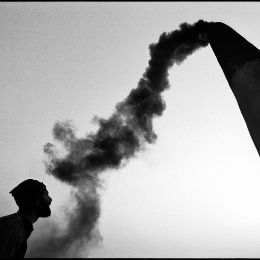 An Afghani laborer checks the thick black smoke which billows from the stack as tire rubber burns to heat the bricks until they are hardened at the GT Brick factory in Karkhla, Pakistan, October 2001.