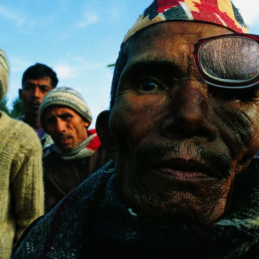 A moutain peasant stands in line with hundreds of other Nepalis at an eye clinic camp setup in the rural areas and hosted by hospitals and doctors from Kathmandu, Nepal.  Thesurgeons check for cataracts, one of the most common afflictions, and can do an operationin ten minutes.  Patients stay overnight camping out in tents and nearby buildings and arechecked the next day to make sure they can return home.  Some walked dozens of milesto get here.  Some patients are also given eye glasses. b
