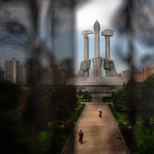 Behind the Curtains series — The Korean Workers' Party monument is seen through curtains in Pyongyang, North Korea.