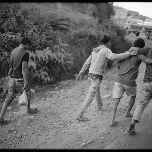 Four Indian boys walk past a convoy of trucks carrying cheap coal from Meghalaya to Assam in northeast India, December 2011. Tribal land here is exploited for cheap coal to fuel India?s industrial growth. More than 70 percent of the land in this region is used in mining activities and large scale extraction is carried out in the absence of government regulation. The number of such mines, known as "Rat Hole" mines, is unknown due to the lack of regulation but local mine owners estimate the number to be in the thousands.