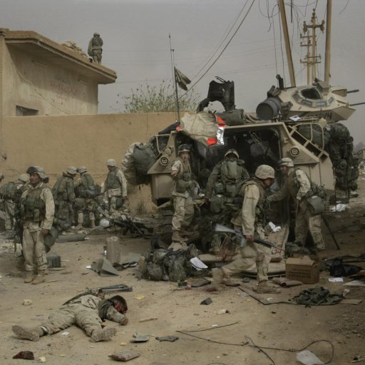 US Marines clean up their dead and wounded after a 130mm shell exploded in a direct hit on one of their armoured vehicles during an attack on Dyala Bridge during the invasion of Iraq.Photo by Gary Knight / VII