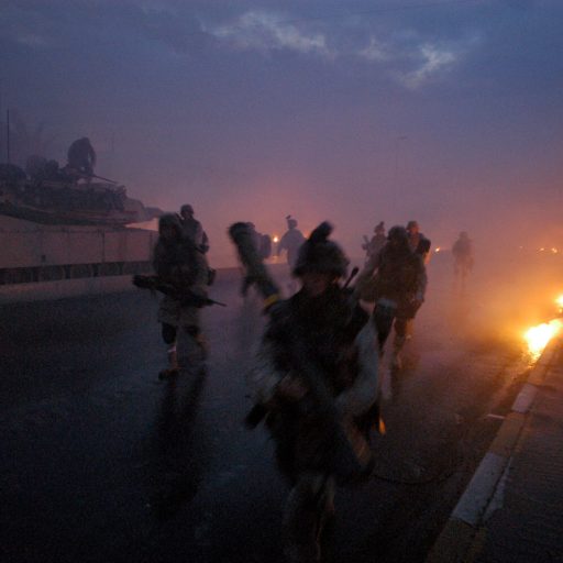 Marines run for cover after white phosphorus was accidentally fired at them by another company when Bravo Company, 1st Battalion, 8th Marine Regiment, was somehow mistaken for a band of insurgents in Falluja, Iraq on November 9, 2004. No one was hurt, but a 4000 degree briquette burnt right through Dexter Filkins' backpack. It was horrible taking cover on the ground lying face up-- face down meant I couldn't dodge the pieces falling from the sky. (Photo by Ashley Gilbertson / VII Network)