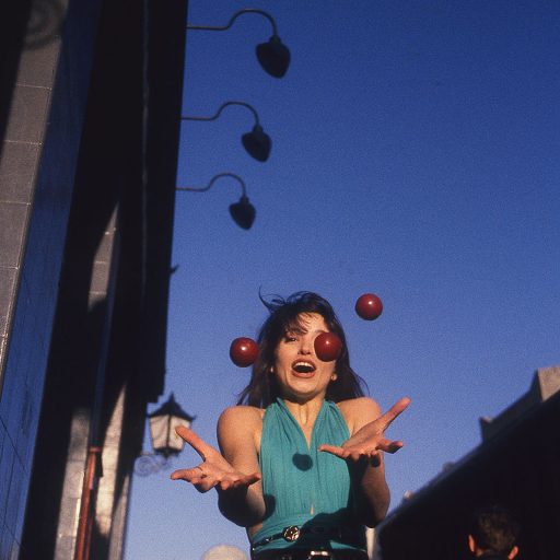 Amy juggles plums on Portobello road. Fashion 'test' 1988.