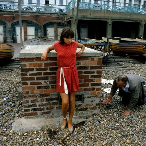 Jane posing for a portrait on Brighton beach, 1981