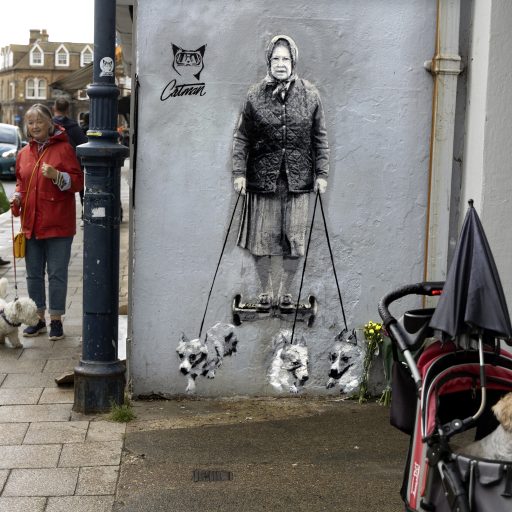 Whitstable. Kent. UK. September 9, 2022. 
A mural of Queen Elizabeth walking her corgis while travelling on a hoverboard.
Reactions from people in Kent the day after the death of Queen Elizdabeth of England.