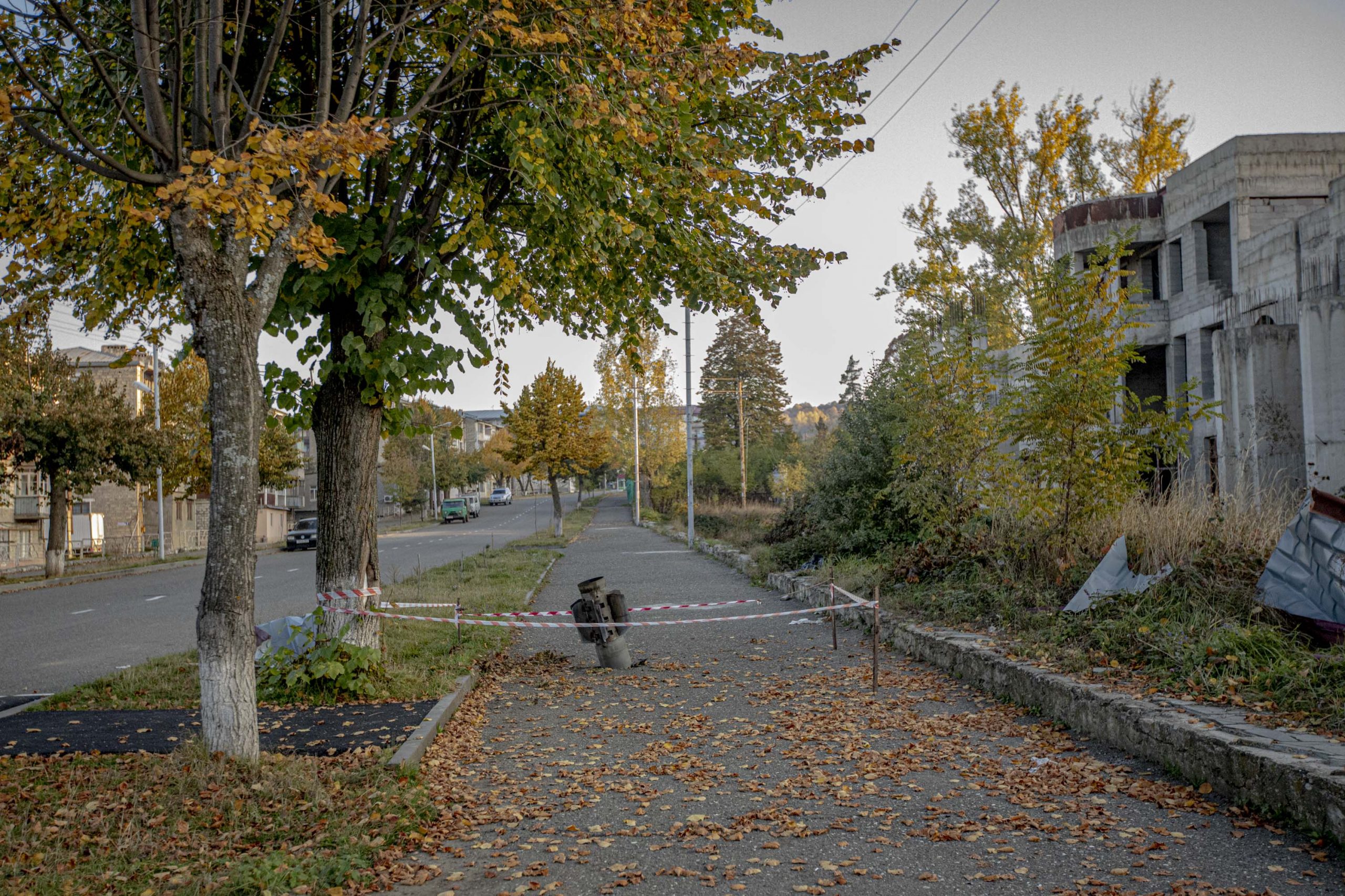 Part of a missile seen on a street in Shushi, Nagorno-Karabakh, on October 16, 2020. The town, which Armenians call Shushi and Azerbaijanis call Shusha, came under Azerbaijan's control by the end of the Nagorno-Karabakh war.