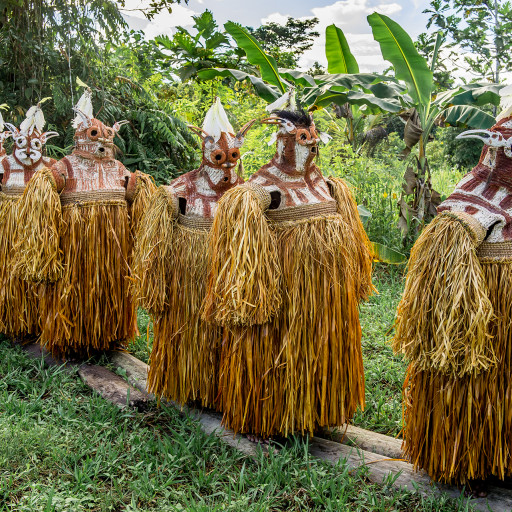 The dat spirit masks (front to back) Kur, Bo, Kayir, Jut and Osakat, Pas, and manimar Hamtar emerge from the jungle in the jipae resurrection feast in Kapi, July 23, 2015. They are representations of deceased members of the family or an ancestor. Once an ancestor is called forth to return among the people, they will never to feature again in future jipae feasts.

The dat’s masks are exchanged between clans in the jeu (longhouse), for men from each clan to wear.  They will spend the night with the villagers, mostly dancing, before symbolically return to safan (Asmat for heaven) the following morning.
