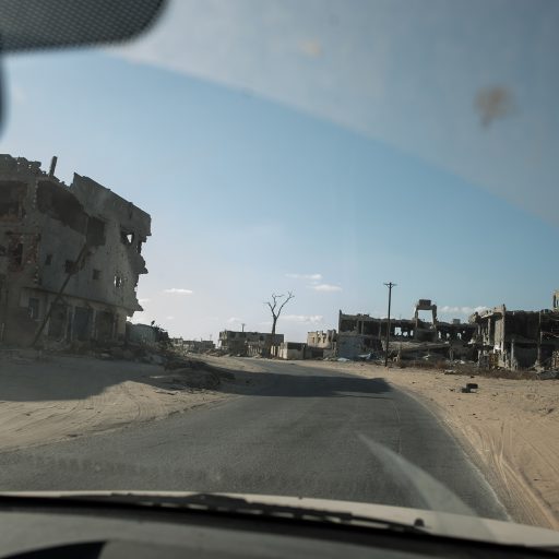A damaged road in Wadi Al-Rabea as a result of recent fighting on July 7, 2020 in Tripoli, Libya.