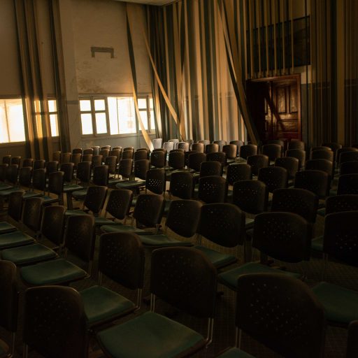 A damaged theatre hall in al-Hurriya high school on October 3, 2020 in southern Tripoli, Libya.