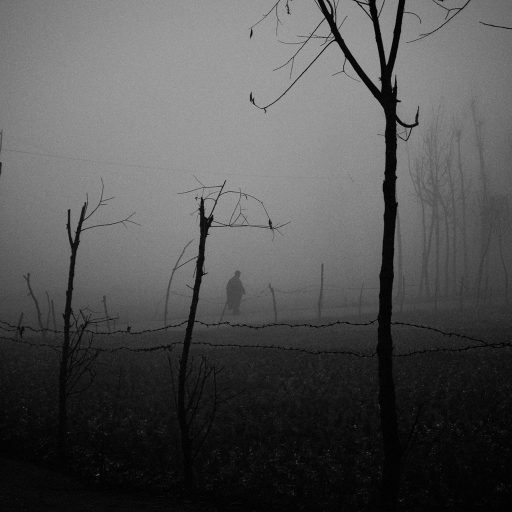 Amid dense fog, An eldery man walks through the paddy field in the outskirts of Srinagar, Kashmir.