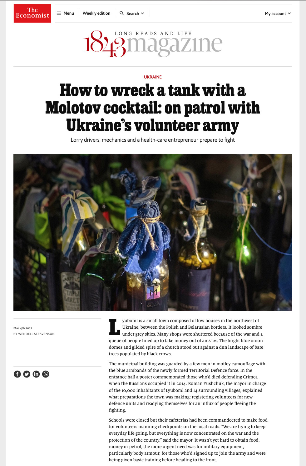 Photos by Ron Haviv / VII of Ukrainians volunteering to make Molotov cocktails during the Russian invasion of Ukraine, in The Economist 1843 Magazine, March 4, 2022.