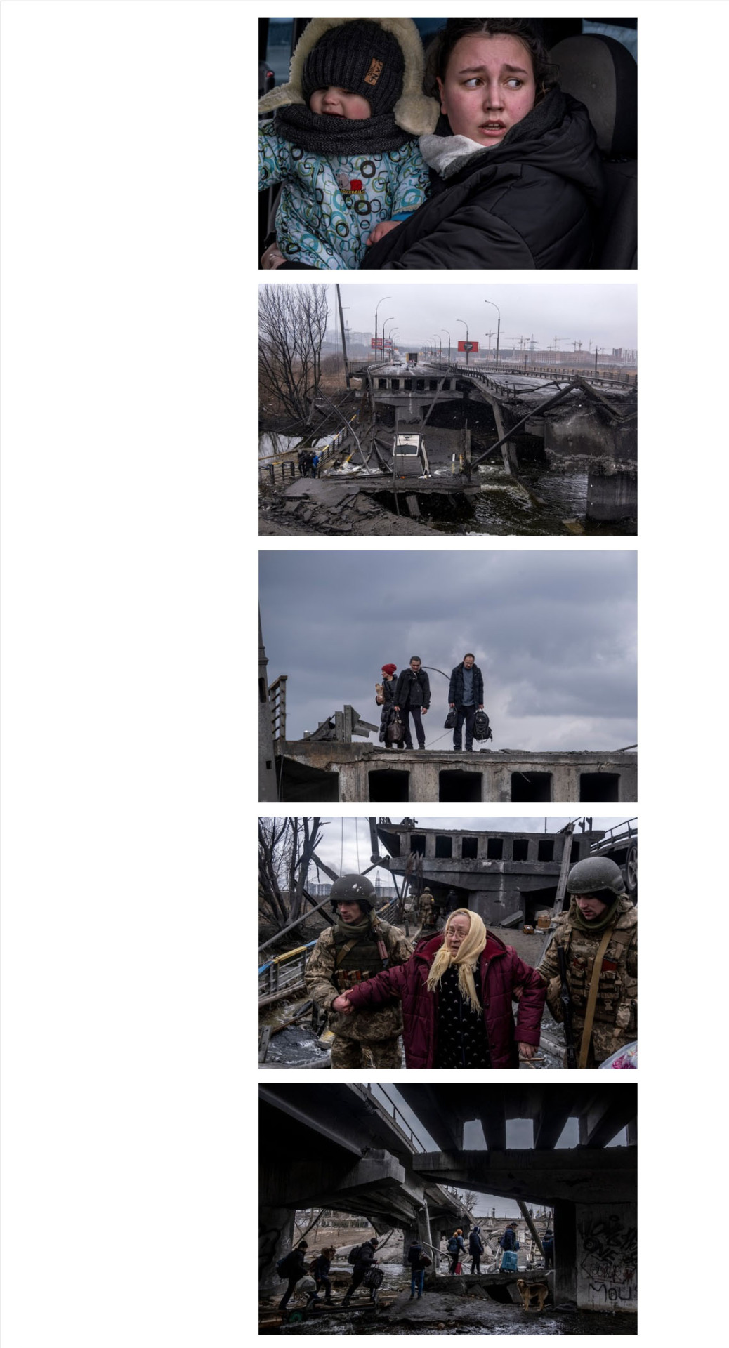 Photos by Ron Haviv / VII of Ukrainians fleeing the embattled city of Irpin during the Russian invasion of Ukraine. The Economist 1843 Magazine, March 17, 2022 issue.