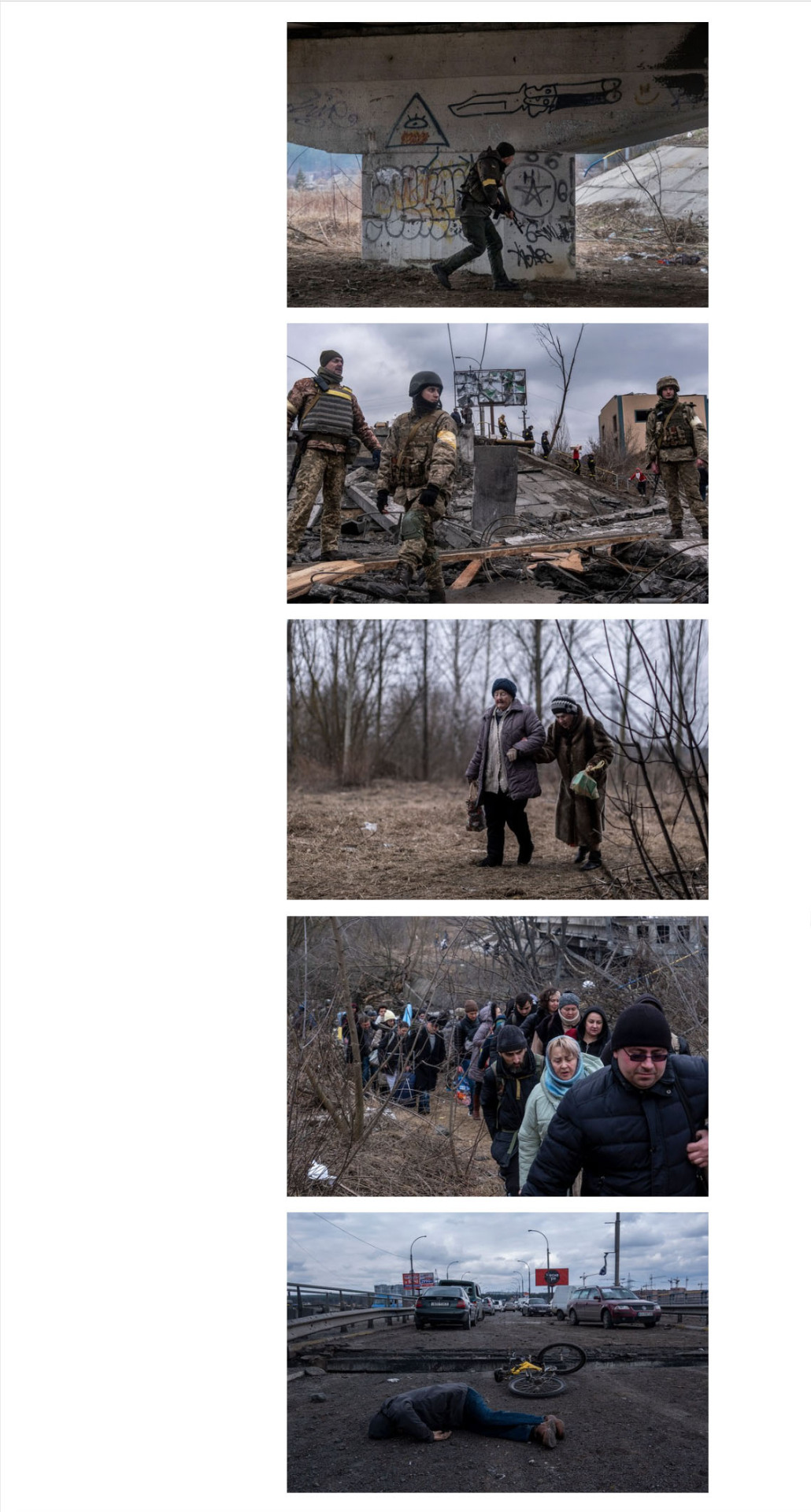 Photos by Ron Haviv / VII of Ukrainians fleeing the embattled city of Irpin during the Russian invasion of Ukraine. The Economist 1843 Magazine, March 17, 2022 issue.