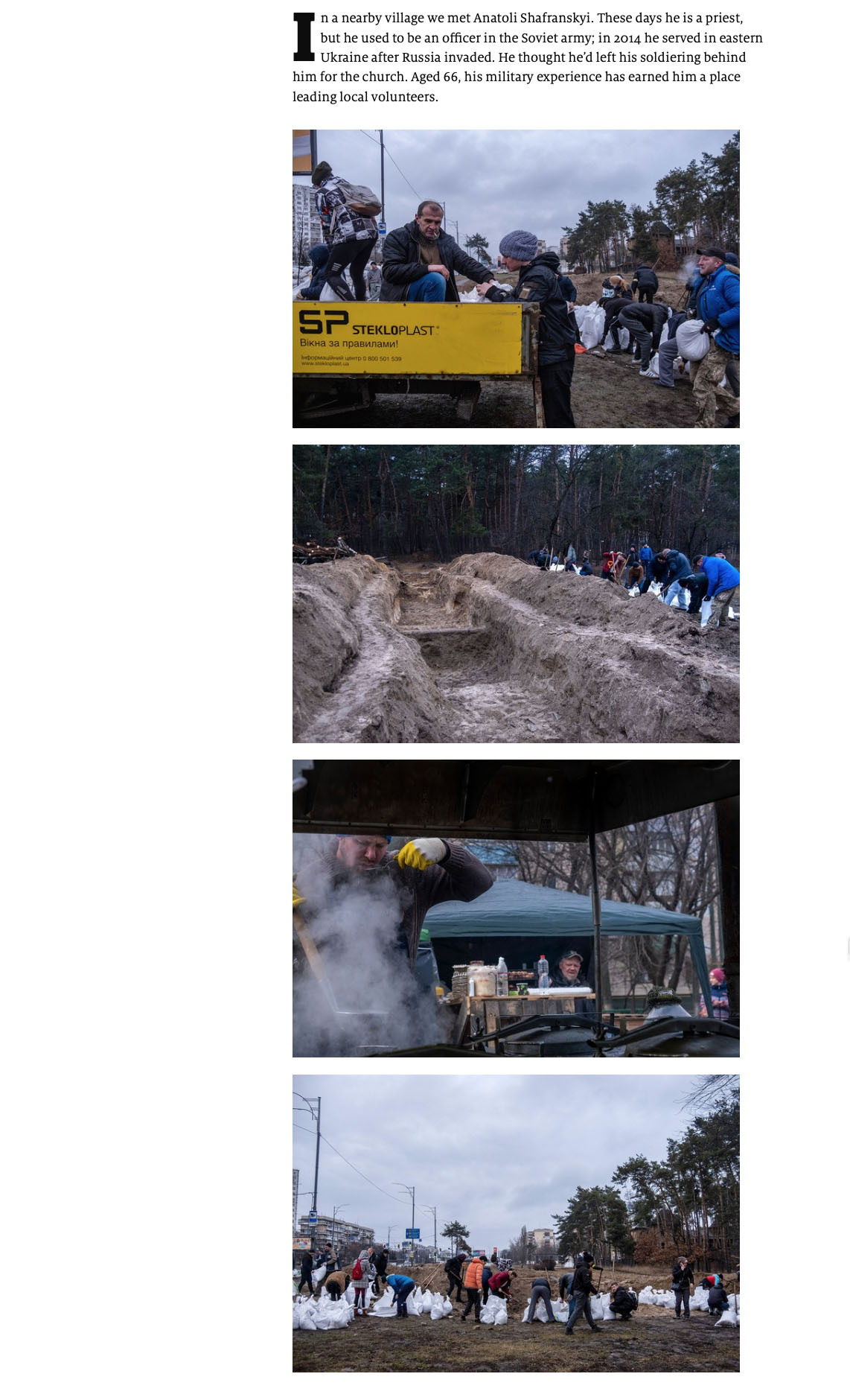 Photos by Ron Haviv / VII of older men in Ukraine volunteering for the Ukrainian military to look for Russian saboteurs, in The Economist 1843 magazine, March 4, 2022.