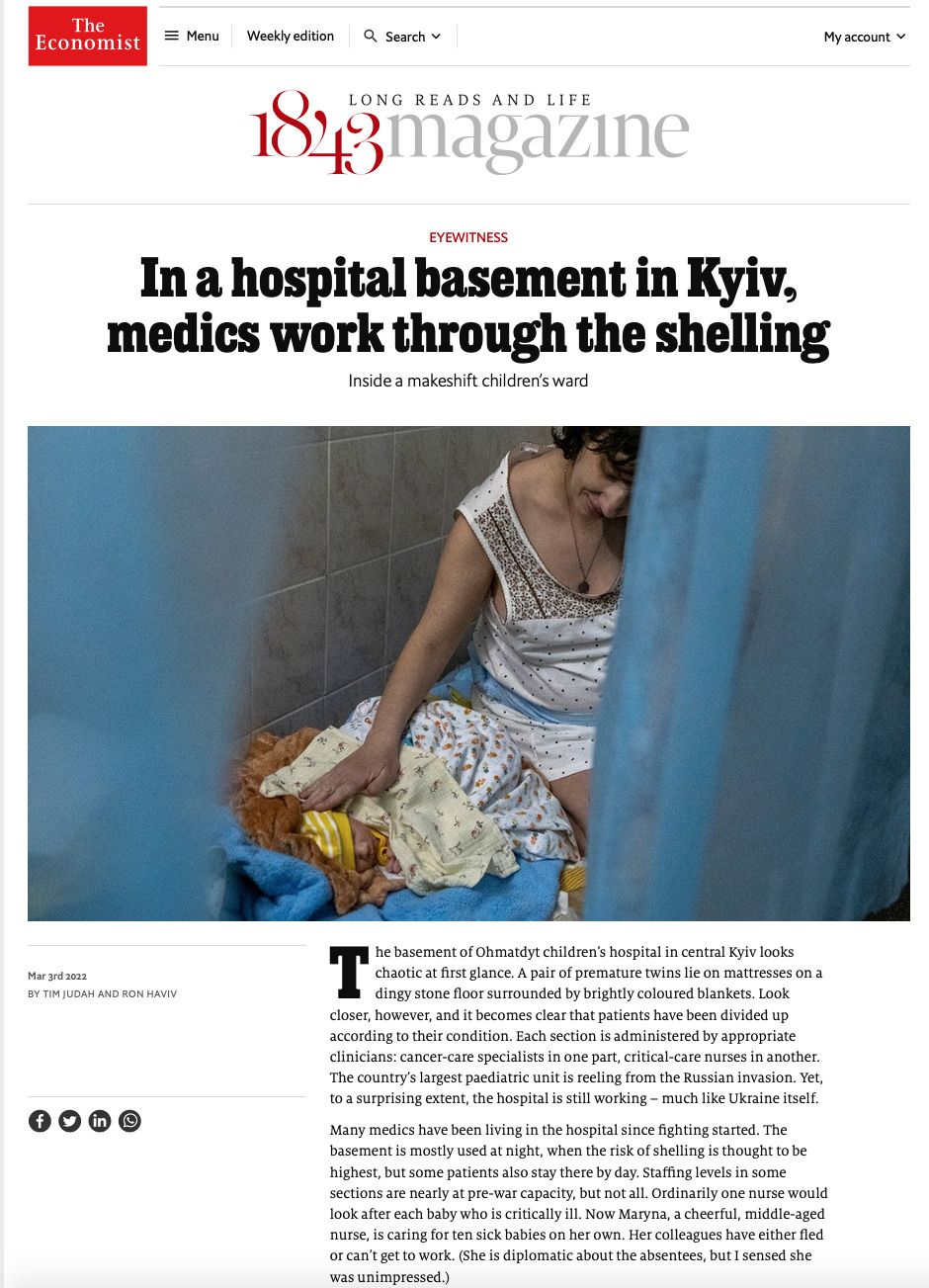 Photos by Ron Haviv / VII of doctors and nurses taking care of mothers and children in the basement shelter of the Ohmatdyt ChildrenÕs Hospital in Kyiv during the Russian invasion of Ukraine, in The Economist 1843 Magazine, March 3, 2022.