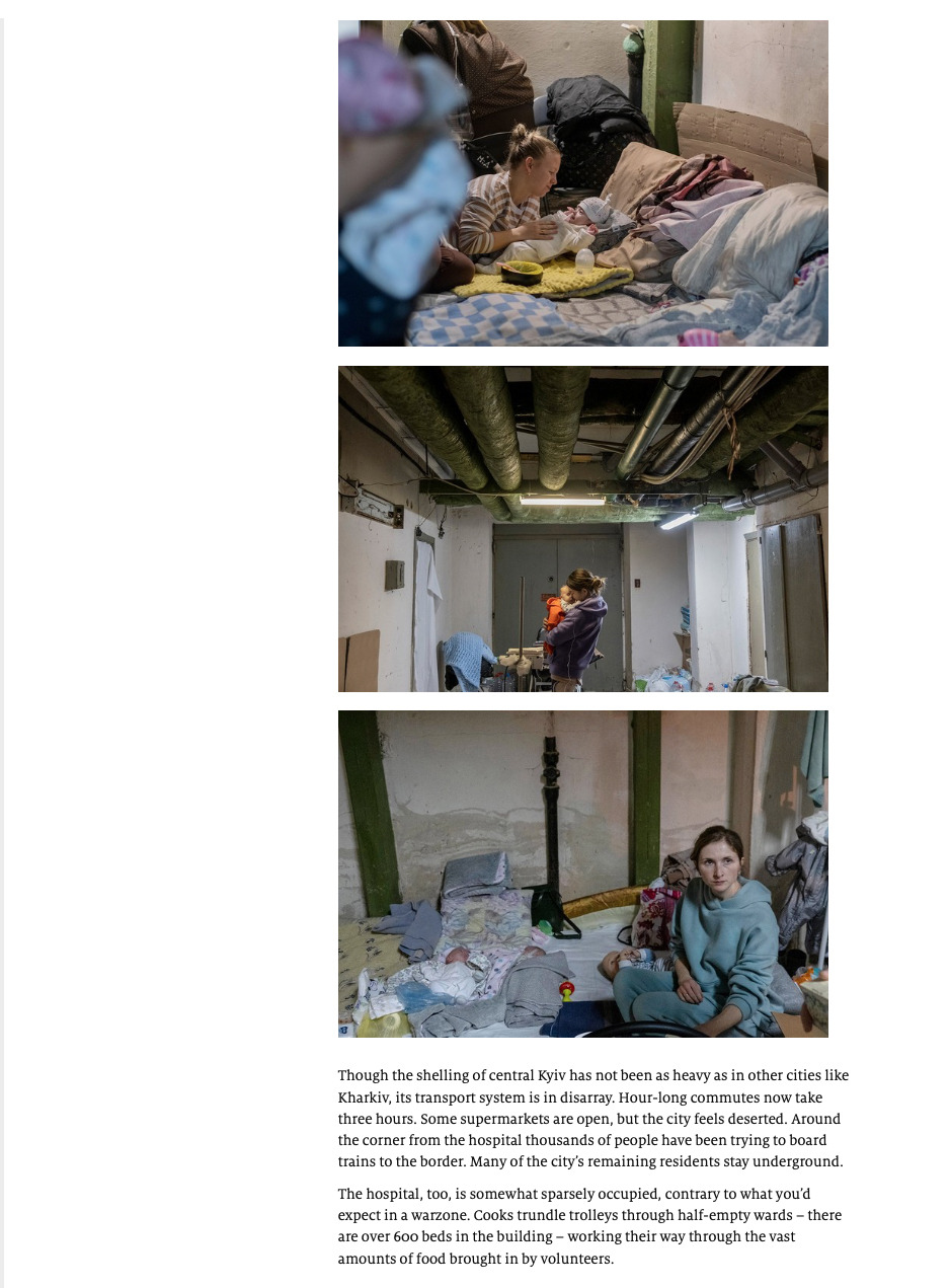 Photos by Ron Haviv / VII of doctors and nurses taking care of mothers and children in the basement shelter of the Ohmatdyt ChildrenÕs Hospital in Kyiv during the Russian invasion of Ukraine, in The Economist 1843 Magazine, March 3, 2022.