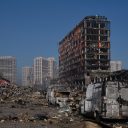 Photo by Eric Bouvet / VII. The destroyed Retroville shopping mall is seen in Kyiv, Ukraine, on March 21, 2022. At least six people were killed due to the Russian shelling of the shopping mall that occurred overnight.