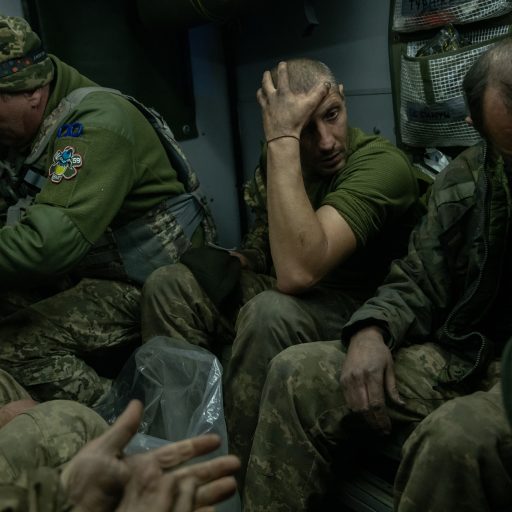 Ukrainian soldiers suffering from concussions, likely caused by artillery exploding, were given treatment by medics of the 59th Brigade, while being transported from the mid-way point between the frontline and stabilization point, near Avdiivka, Ukraine, on Sunday, October 22, 2023. Fighting continued around the embattled city of Avdiivka as Russian forces launched another attack on October 19th following their October 10th assault in an attempt to encircle the city to capture it. © Nicole Tung.
