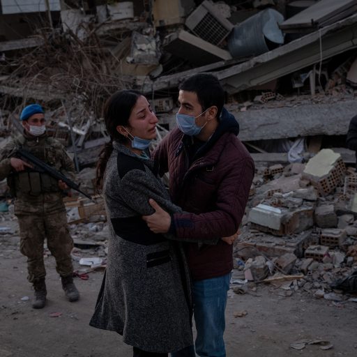 A woman was comforted by a relative as the body of her mother was retrieved from the rubble in Antakya, Turkey, on Wednesday, February 15, 2023, following last Monday’s earthquakes which have now claimed the lives of 40,000 people in Turkey and Syria. © Nicole Tung.