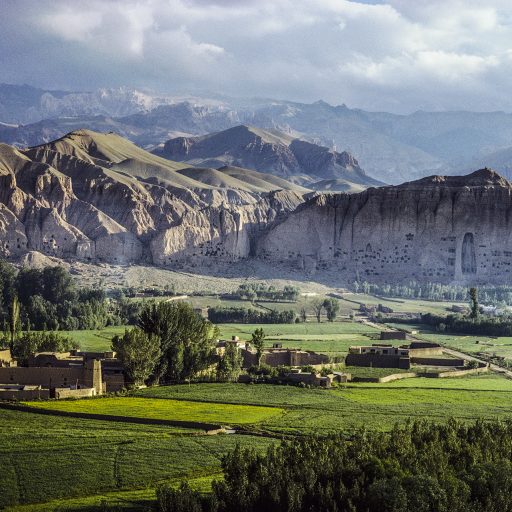 Afghanistan, 1996. The Bamiyan Valley in the Hazarajat, with the Buddhas carved into the rock face. © Pascal Maitre.