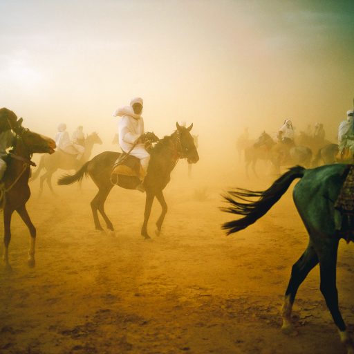 CHAD 2006 – Engulfed by a sand storm, the riders get together for a race at Abéché, in eastern Chad, near the frontier with Darfour. 1000 years ago, other horsemen brought Islam and Arabic culture to the arid land that runs along the Sahara. © Pascal Maitre.