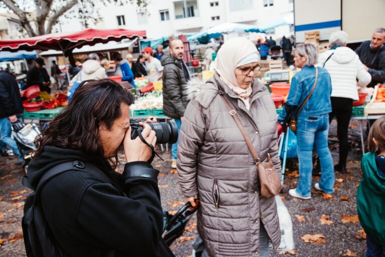 Students photograph a local food market during a workshop for the Level 3 course at The VII Foundation in Arles, France. October, 2024. © Romain Boutillier.