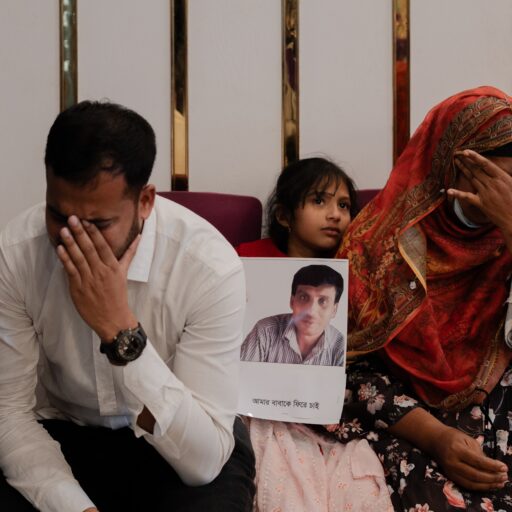 After the fall of Sheikh Hasina on 5 August 2024, the interim government formed an Inquiry Commission on Enforced Disappearances to investigate cases across the country and identify victims. In Rajshahi, a consultation was jointly organized by the United Nations, the Inquiry Commission, and Maayer Daak, where families gathered to share their testimonies and long years of uncertainty, grief, and search for justice.
Fawzia, the eight-year-old daughter of Md. Murshidul Islam—who was forcibly disappeared on 19 April 2017—sat among them, carrying a story shaped by absence, waiting, and unanswered questions.This photo was taken on December 21,2024. © Mosfiqur Rahman Johan.