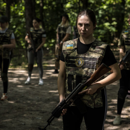 Participants of the all-female training in firearms practice operating AK-47 during the training in Kyiv, Ukraine on July 6, 2024. Volunteer NGO "Ukrainian Valkiriya" offer trainings for women in self-defence, medical aid and drone operating. Since the volunteer NGO was founded after the Russian full-scale invasion on Ukraine, it trained more than 1500 women. © Oksana Parafeniuk.