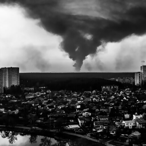 Multiple explosions from Irpin and surrounding regions are seen from the top floor balcony of a residential building in Kyiv. © Svet Jacqueline.