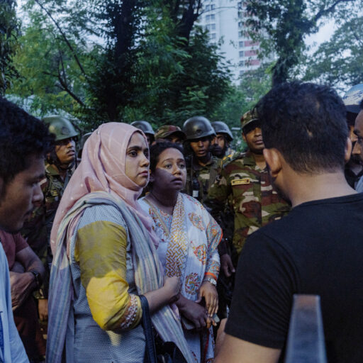 Sanjida Islam Tulee, coordinator of Maayer Daak, received reports from journalists about a possible secret detention center at the Detective Branch (DB) offices where victims’ families might find their missing loved ones. Upon hearing the news, families of the disappeared gathered outside the DB offices, hoping for reunions. However, no one was found, photographed in Dhaka on Aug. 7, 2024. © Mosfiqur Rahman Johan.