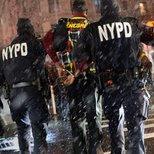 Harlem, Manhattan — New York Police Department officers arrest Senegalese soccer fans on West 116th Street in Harlem’s Little Senegal neighborhood on Sunday, January 18, 2026. Members of New York’s Senegalese diaspora gather for a spontaneous street celebration after Senegal is initially declared the winner of the Africa Cup of Nations final. © Arisa Haboshi.
