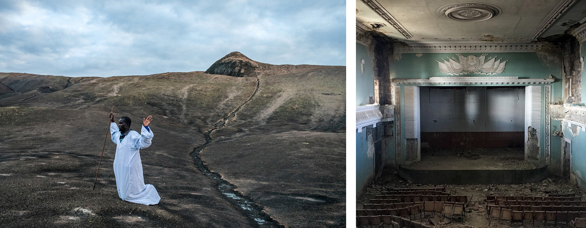 Left: Bishop Manyange Chenjerai sings his prayers to the Domboshawa mountains outside Harare, Zimbabwe. © Nichole Sobecki / VII. Right: House of Culture in Arshaluys village, Armenia. © Anush Babajanyan / VII.